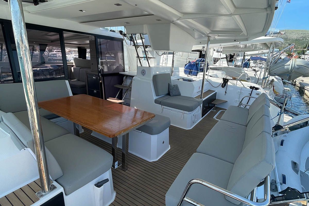 Deck of Barramundi III, a Fountaine Pajot Astrea 42 catamaran at Seget Donji, Croatia
