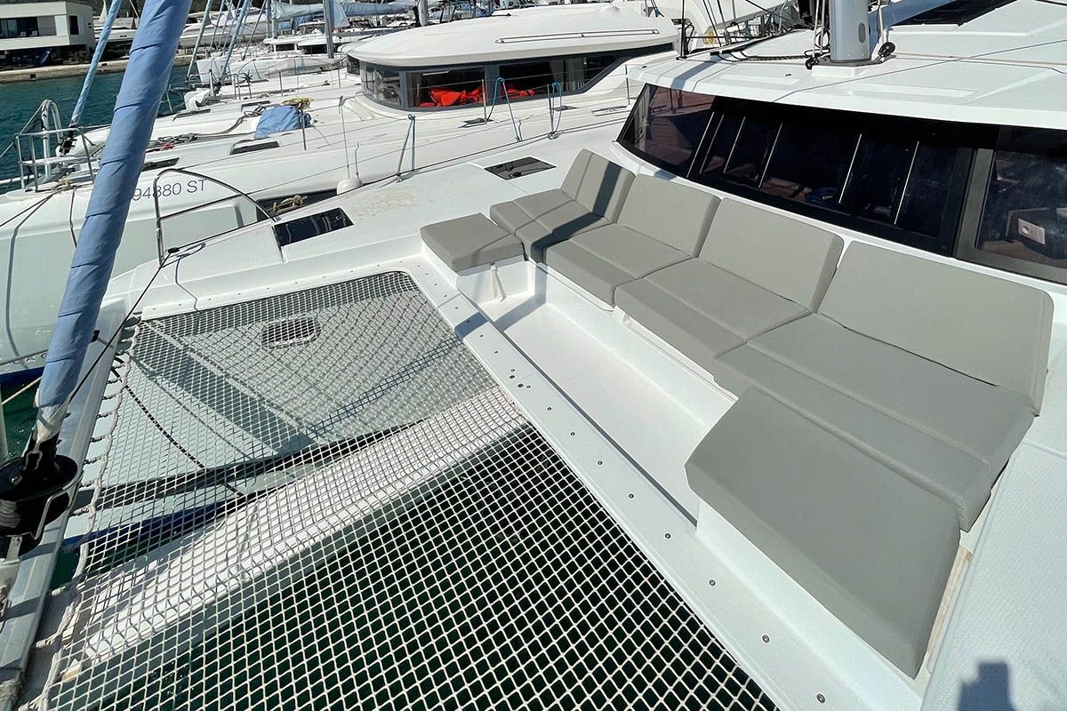 Deck of Barramundi III, a Fountaine Pajot Astrea 42 catamaran at Seget Donji, Croatia