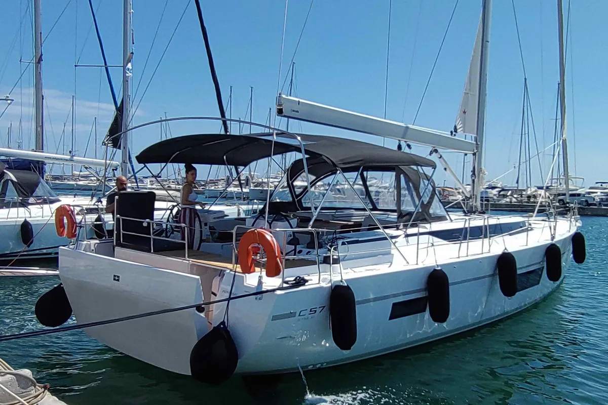 Exterior view of Promitheas, a Bavaria C57 sailboat at Athens, Greece
