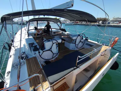 Cockpit of Promitheas, a Bavaria C57 sailboat at Athens, Greece