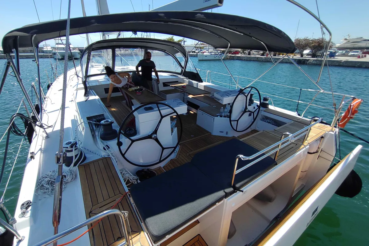 Cockpit of Promitheas, a Bavaria C57 sailboat at Athens, Greece