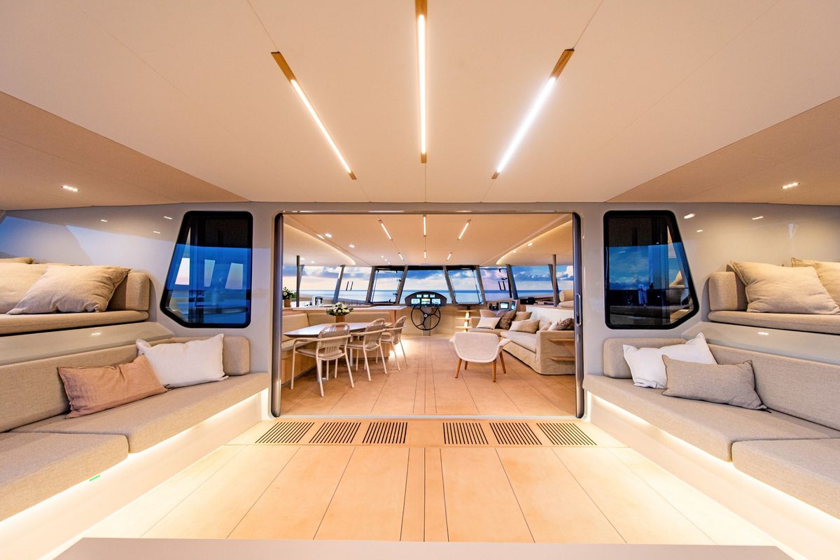 Salon of Ganany, a Gulet ModX 70 catamaran at Ajaccio, France