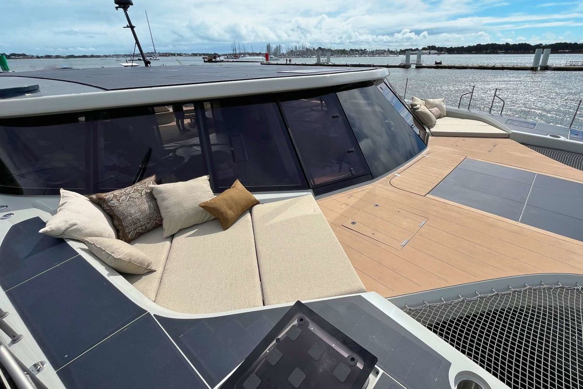 Deck of Ganany, a Gulet ModX 70 catamaran at Ajaccio, France