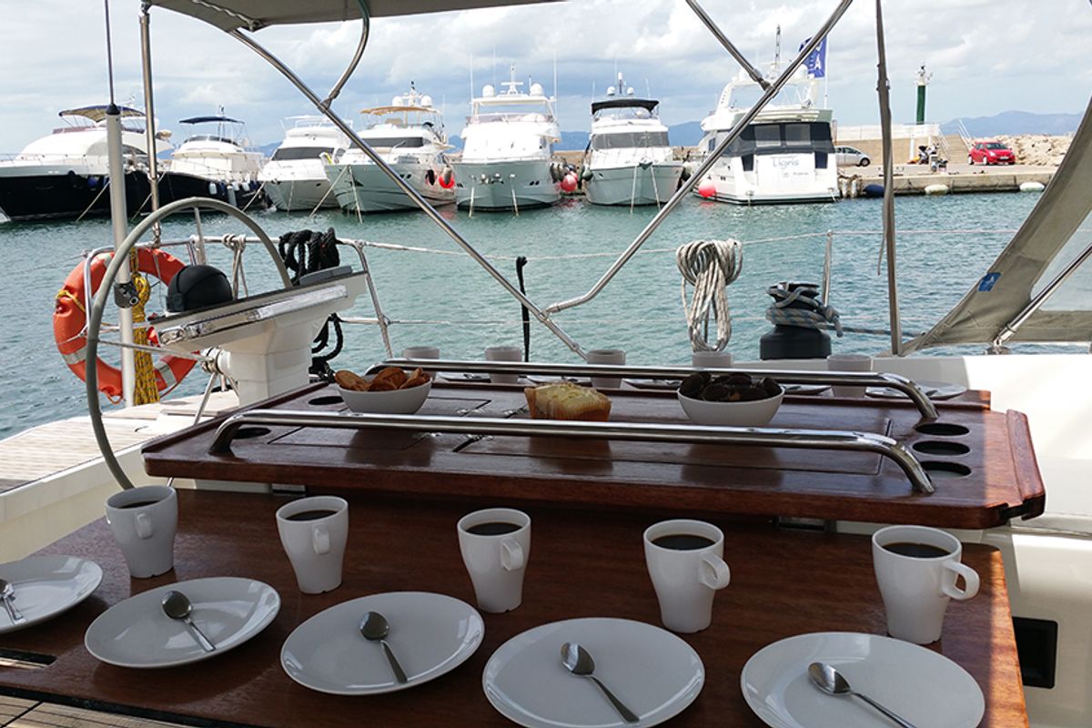 Deck of Maximum, a Bavaria Cruiser 56 sailboat at Llucmajor, Spain