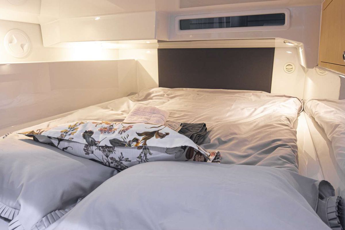 Cabin on Alba, a Finnmaster T9 ST motorboat at Grad Trogir, Croatia