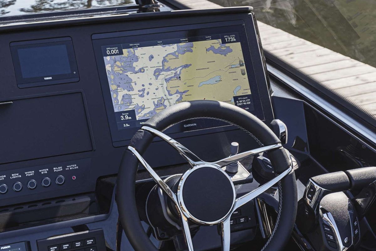 Cockpit of Alba, a Finnmaster T9 ST motorboat at Grad Trogir, Croatia