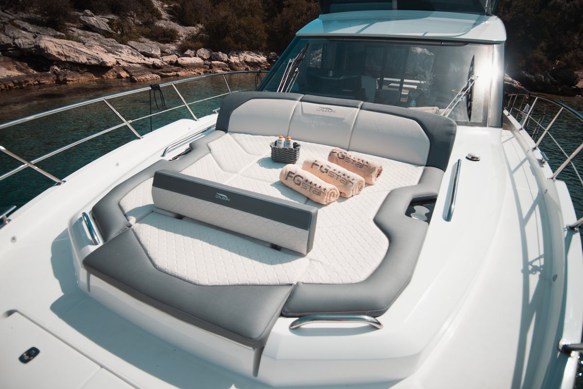 Deck of Premium, a Galeon 440 Fly motorboat at Seget Donji, Croatia