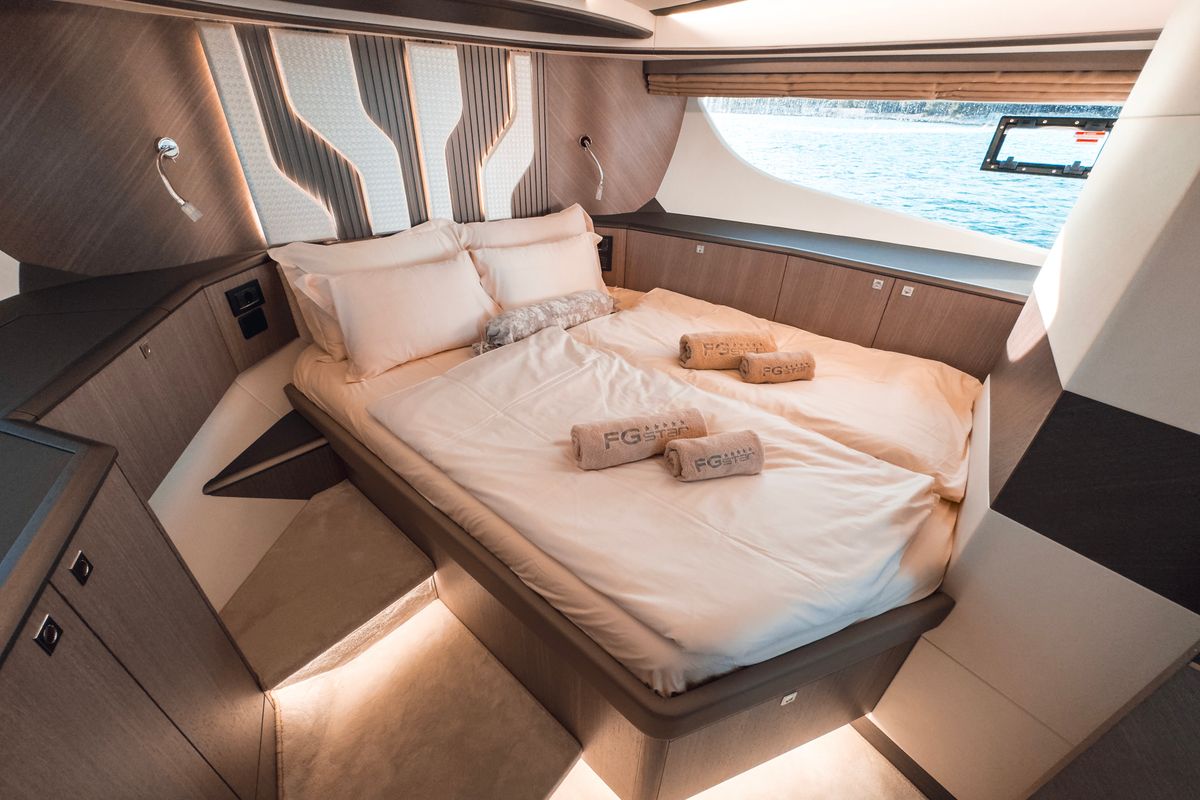 Cabin on Premium, a Galeon 440 Fly motorboat at Seget Donji, Croatia
