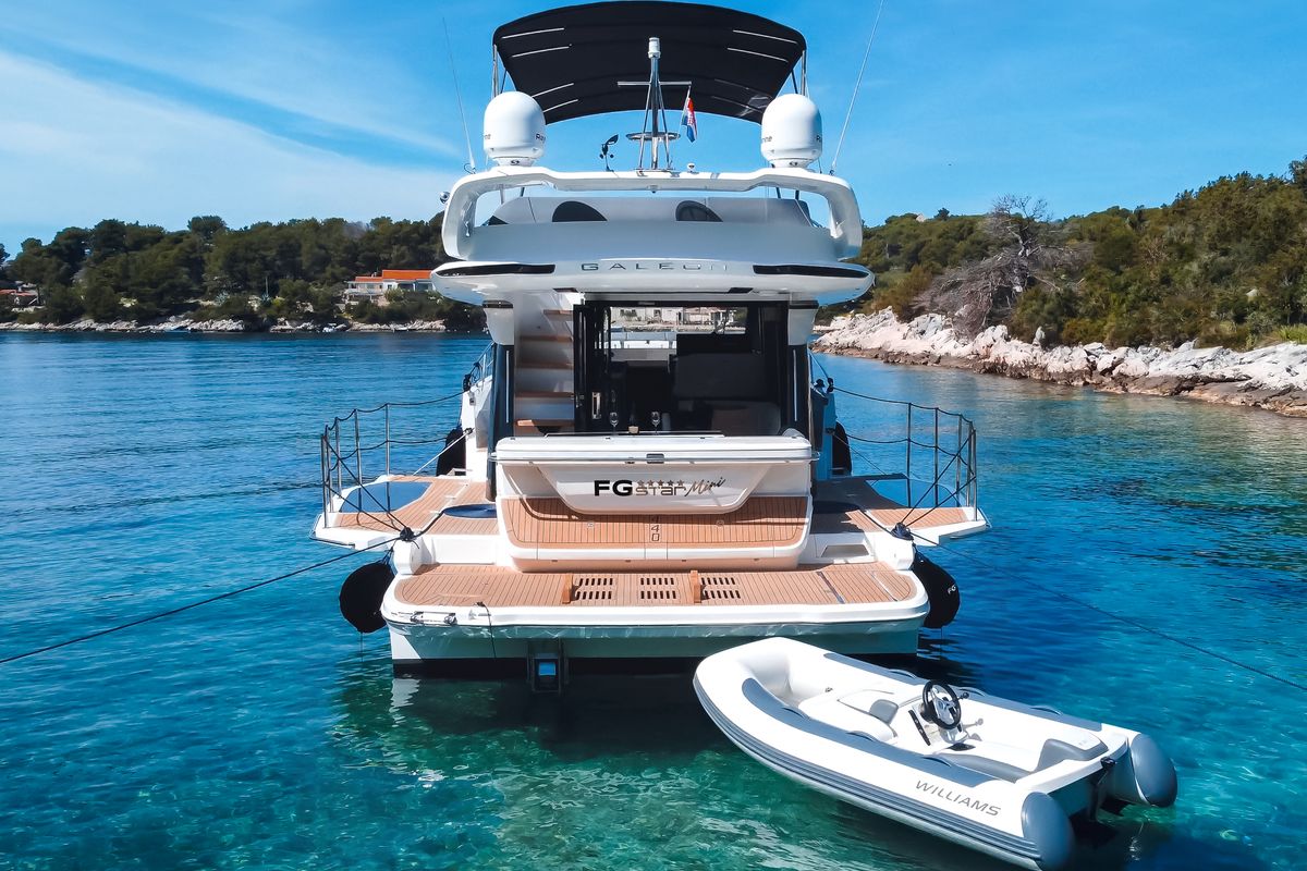 Exterior view of Premium, a Galeon 440 Fly motorboat at Seget Donji, Croatia