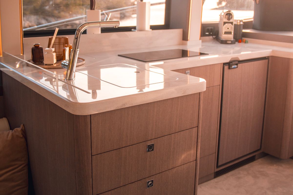 Galley of Premium, a Galeon 440 Fly motorboat at Seget Donji, Croatia