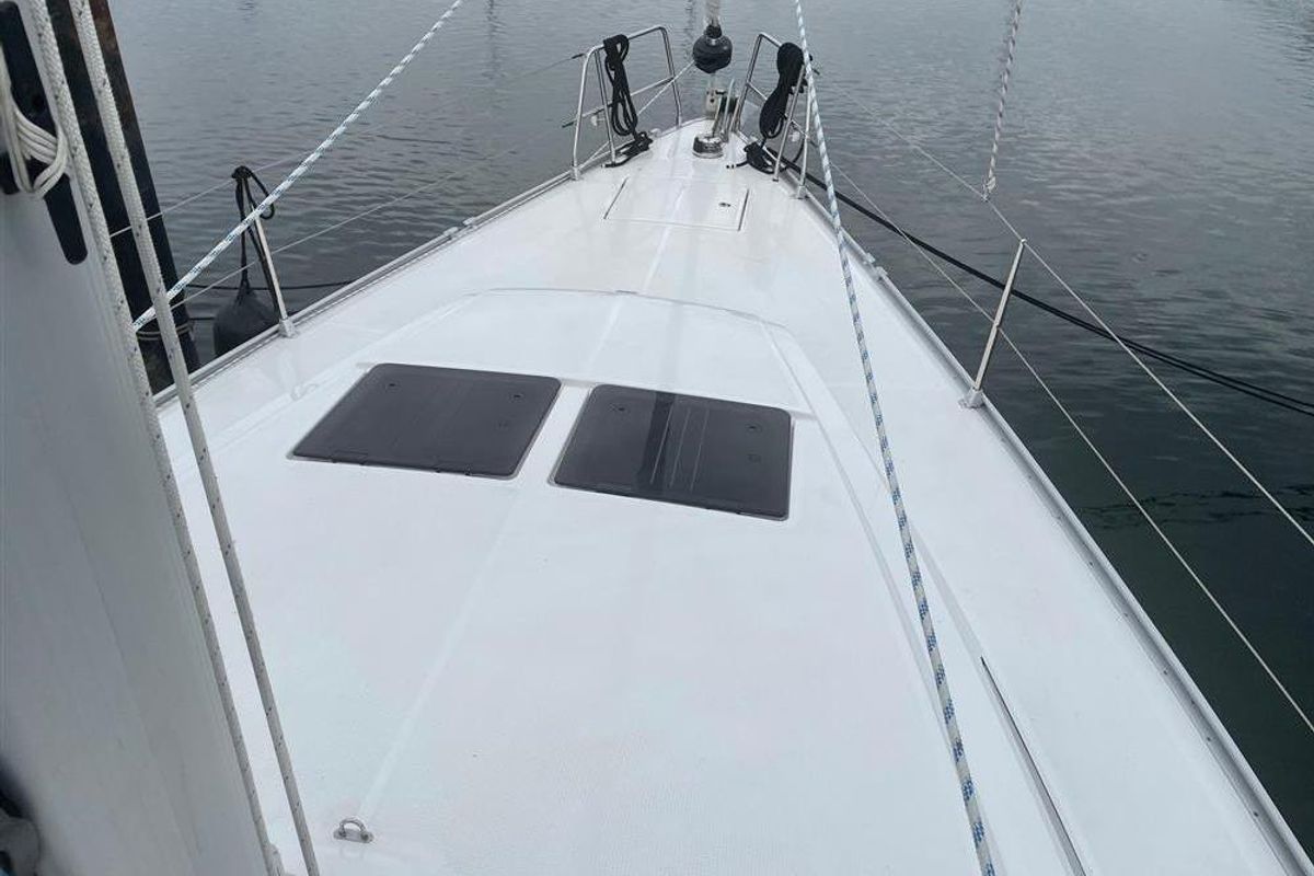 Deck of Michael, a Bavaria Cruiser 46 sailboat at Kos, Greece