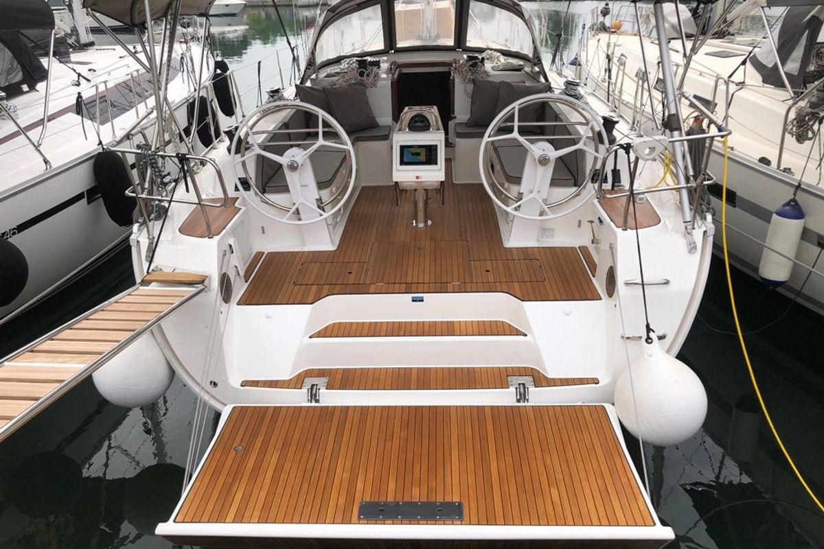 Cockpit of Michael, a Bavaria Cruiser 46 sailboat at Kos, Greece