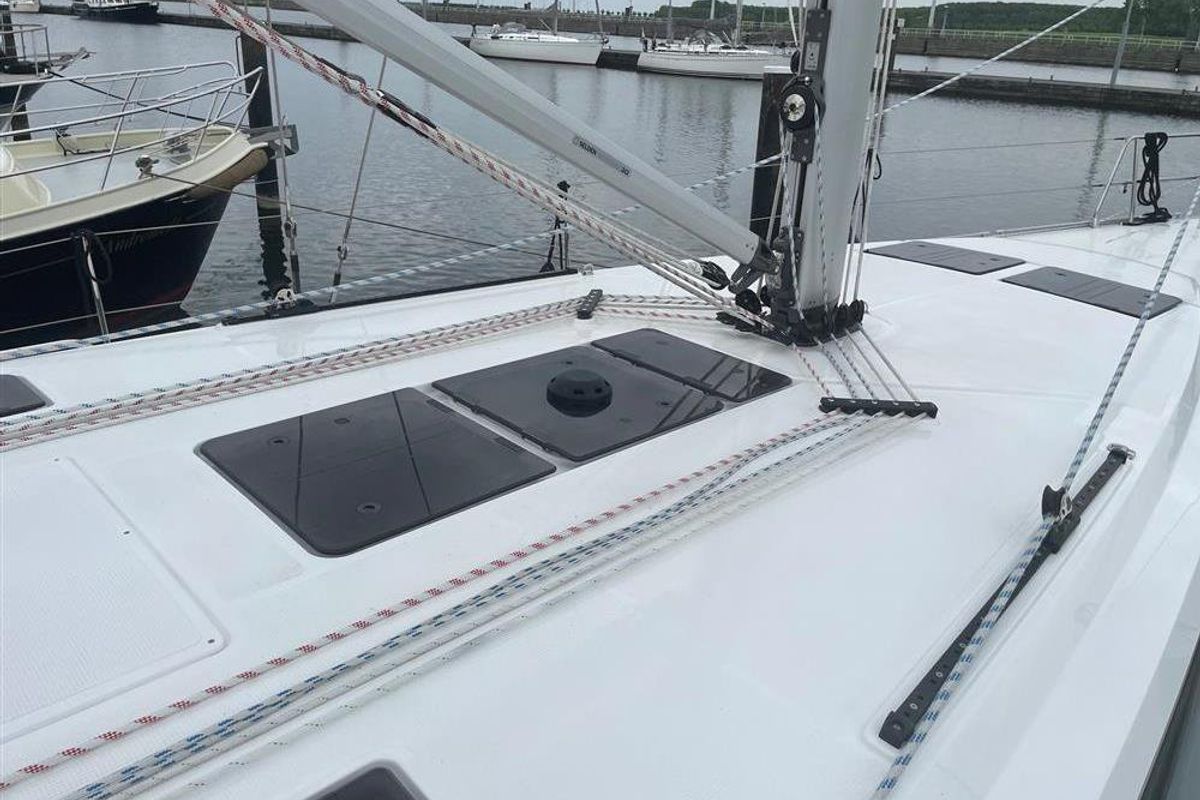 Deck of Michael, a Bavaria Cruiser 46 sailboat at Kos, Greece