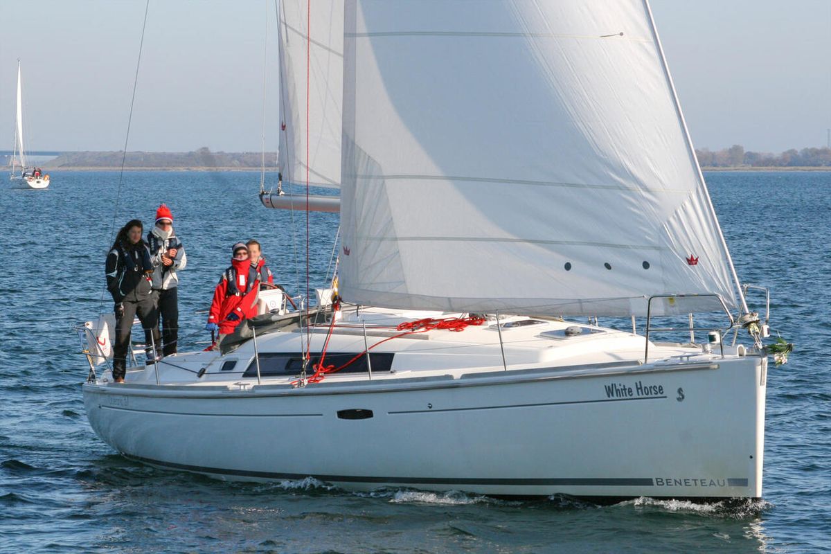 Exterior view of White Horse, a Beneteau Oceanis 37 sailboat at Flensburg, Germany