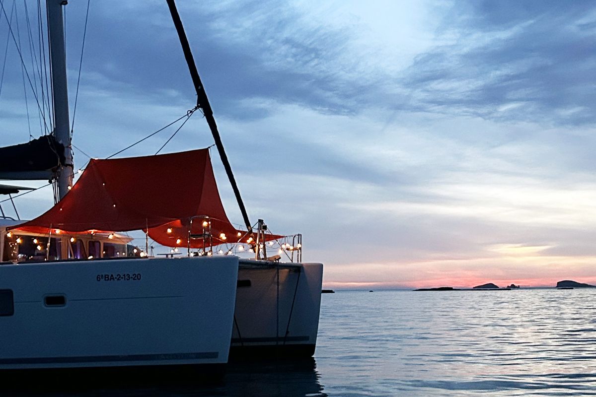 Exterior view of Nusa, a Lagoon 400 catamaran at Ibiza, Spain