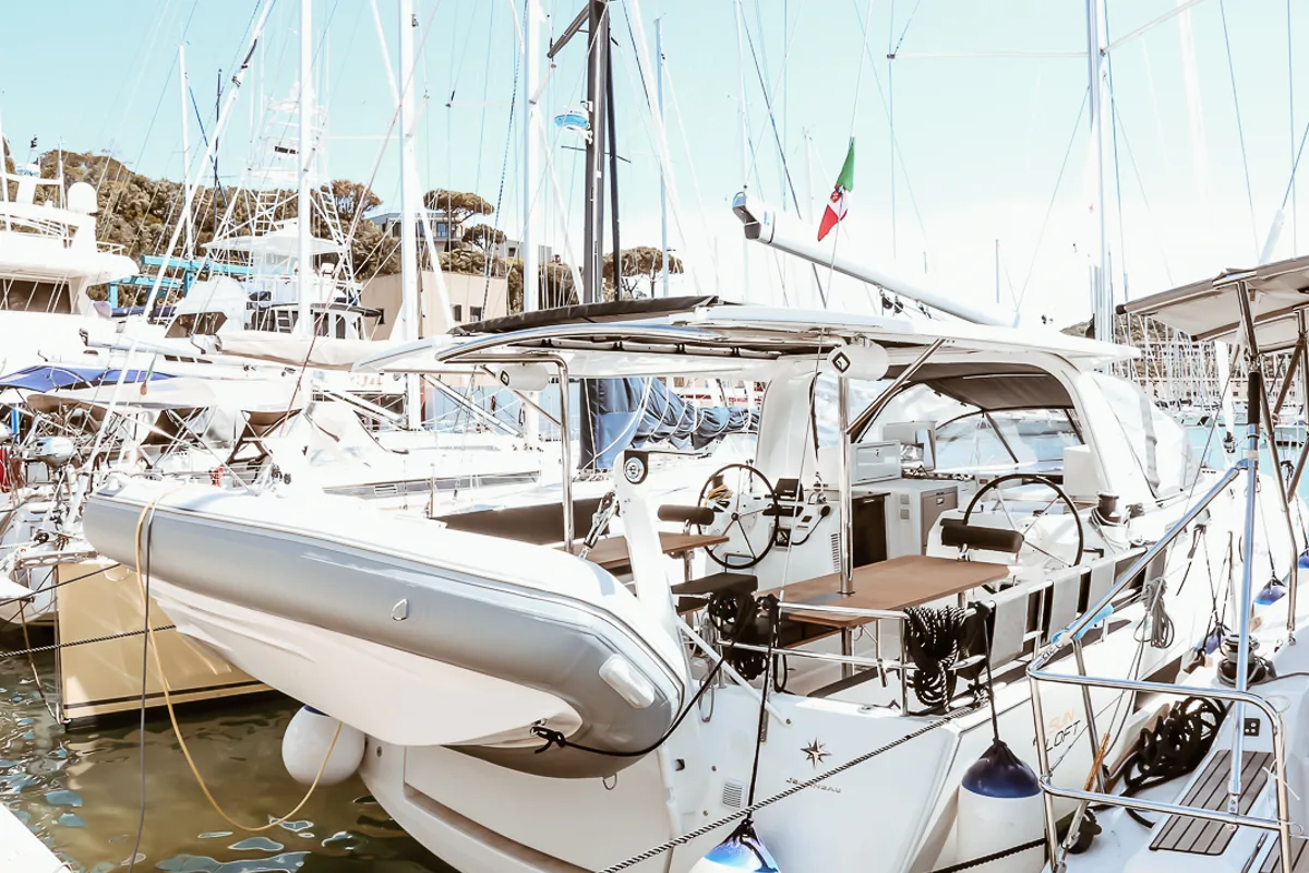 Exterior view of Chandra, a Jeanneau Sun Loft 47 sailboat at Punta Ala, Italy