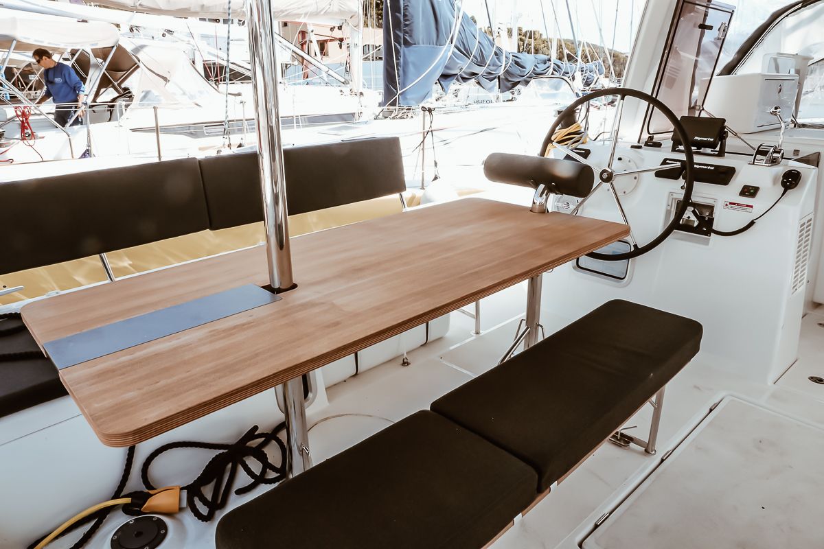 Cockpit of Chandra, a Jeanneau Sun Loft 47 sailboat at Punta Ala, Italy