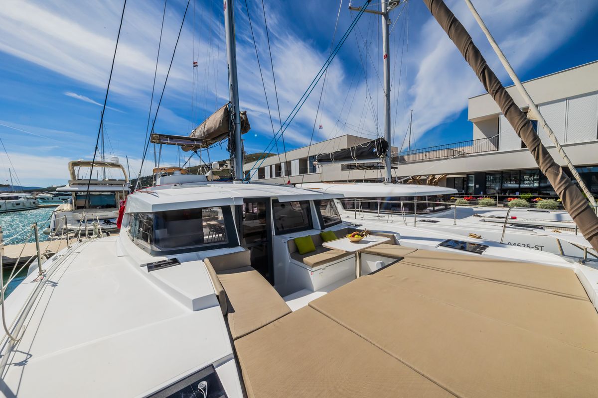 Deck of Liesbeth, a Bali 4.2 catamaran at Seget Donji, Croatia