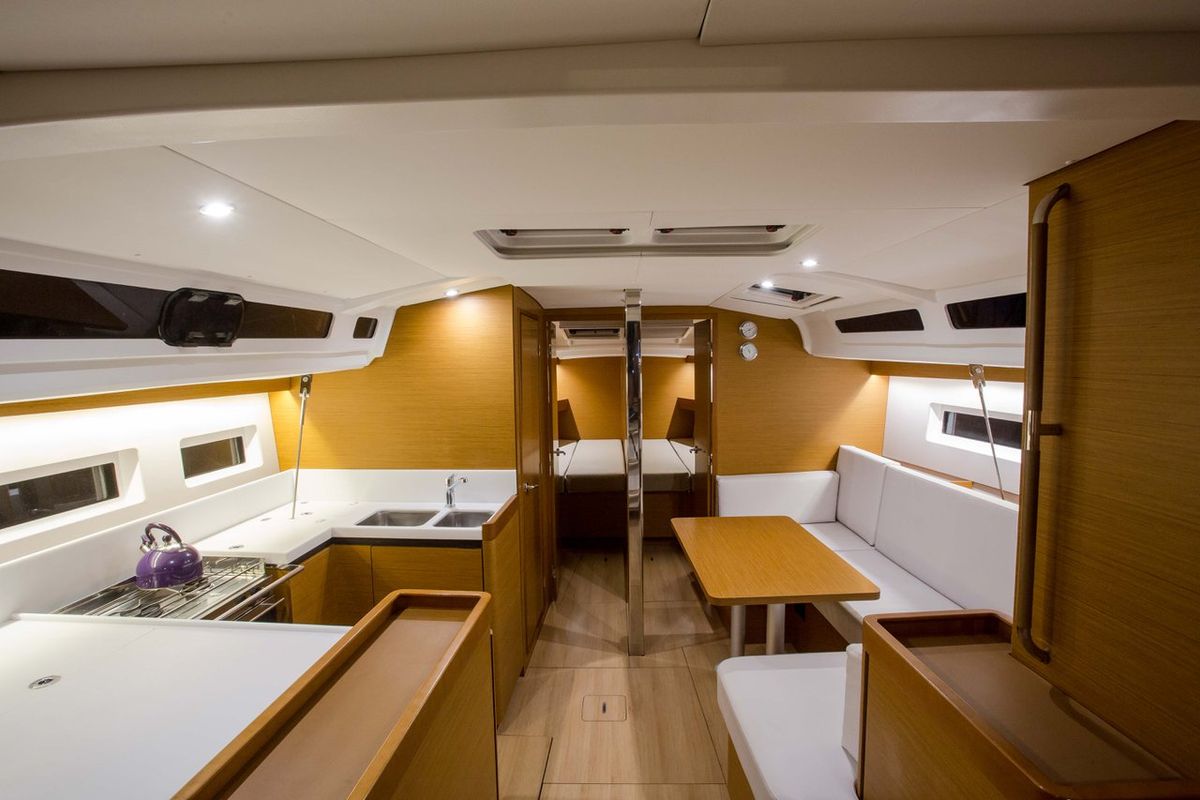 Salon of Ocean Song, a Jeanneau Sun Odyssey 440 sailboat at Athens, Greece