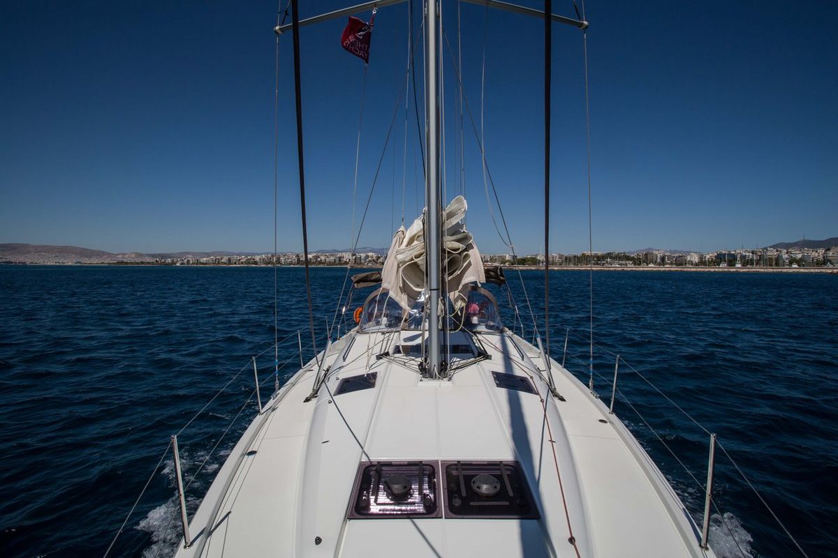 Deck of Ocean Song, a Jeanneau Sun Odyssey 440 sailboat at Athens, Greece