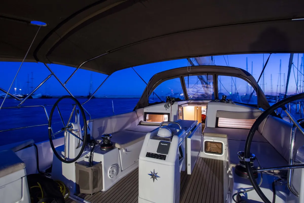 Cockpit of Ocean Song, a Jeanneau Sun Odyssey 440 sailboat at Athens, Greece