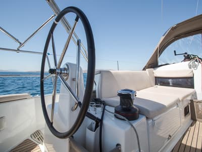 Cockpit of Ocean Song, a Jeanneau Sun Odyssey 440 sailboat at Athens, Greece
