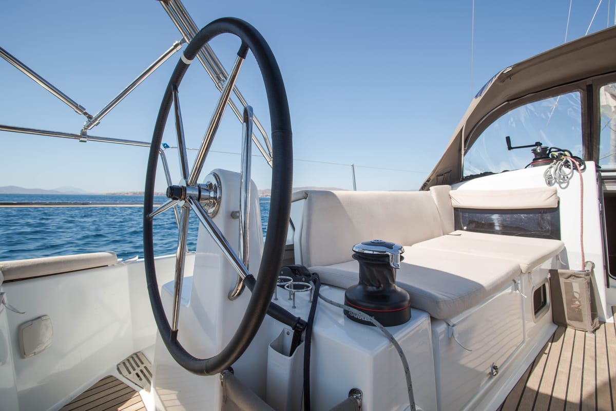 Cockpit of Ocean Song, a Jeanneau Sun Odyssey 440 sailboat at Athens, Greece