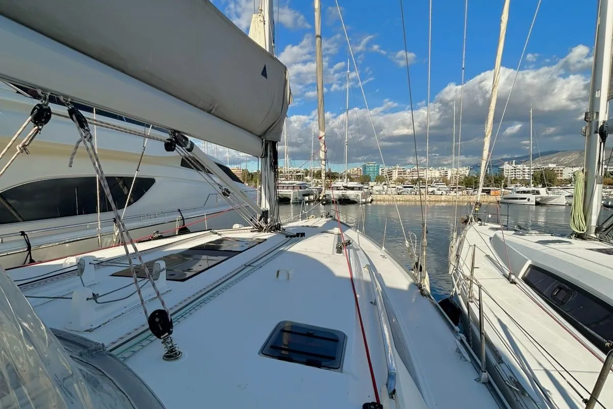 Deck of Apollon, a Bavaria Cruiser 51 sailboat at Athens, Greece