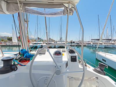 Cockpit of Princess Malena, a Bali Catspace catamaran at Athens, Greece
