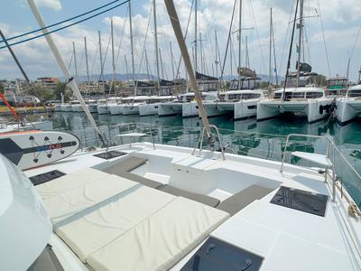 Deck of Princess Malena, a Bali Catspace catamaran at Athens, Greece