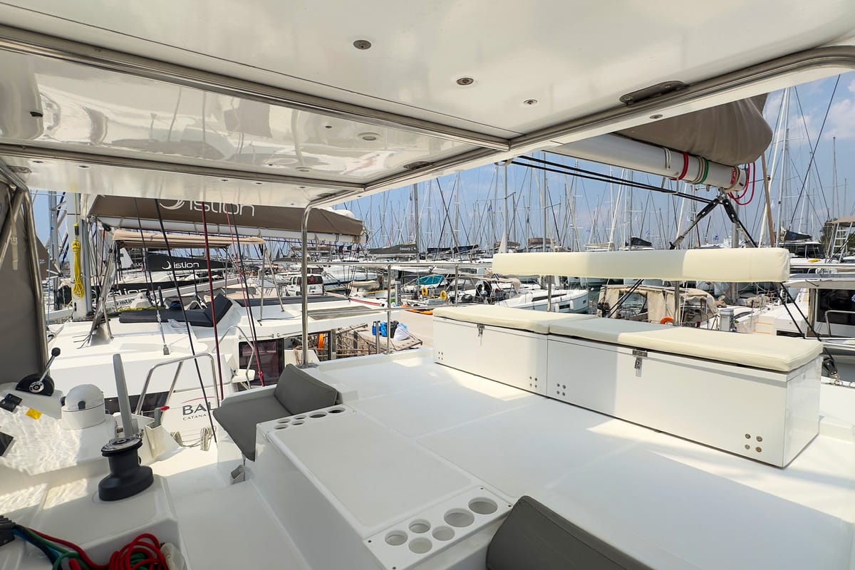 Deck of Princess Malena, a Bali Catspace catamaran at Athens, Greece