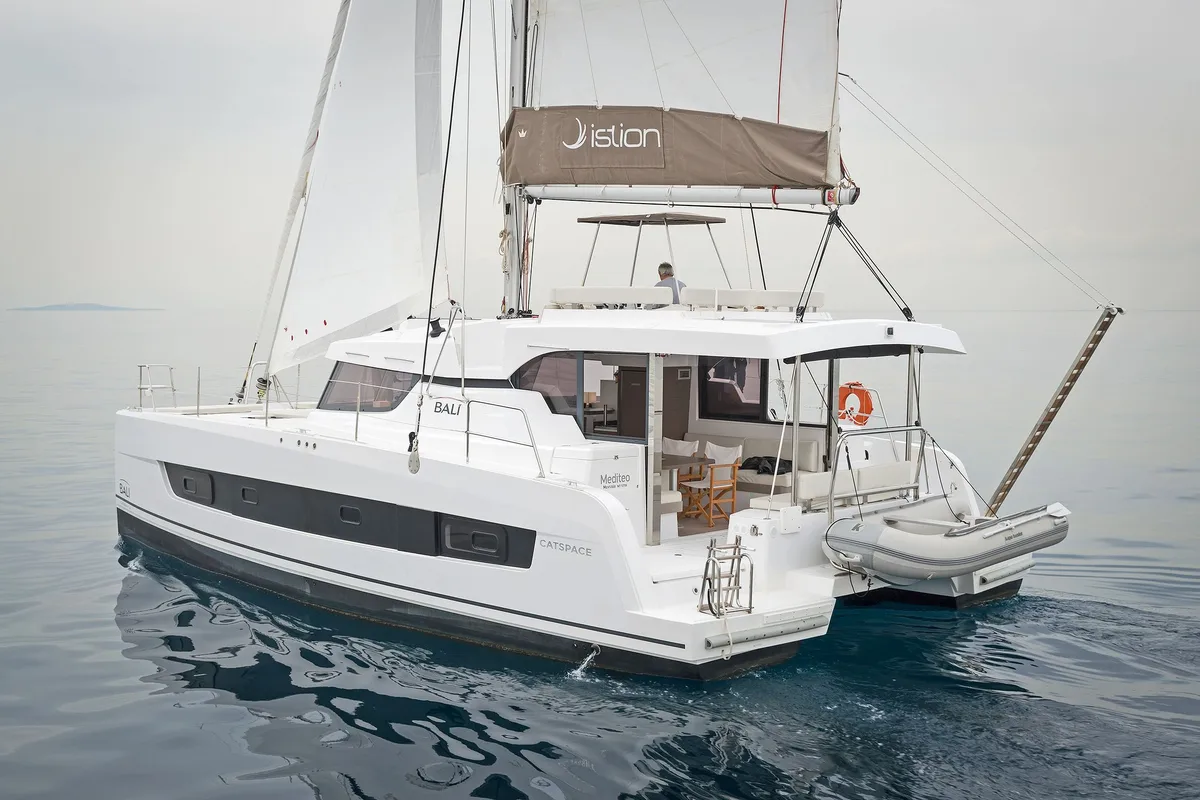 Exterior view of Princess Malena, a Bali Catspace catamaran at Athens, Greece