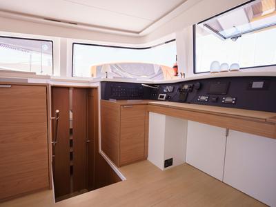 Cockpit of The Big Orange Boat, a Bali 4.8 catamaran at Municipal Unit of Lefkada, Greece
