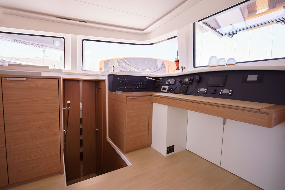 Cockpit of The Big Orange Boat, a Bali 4.8 catamaran at Municipal Unit of Lefkada, Greece
