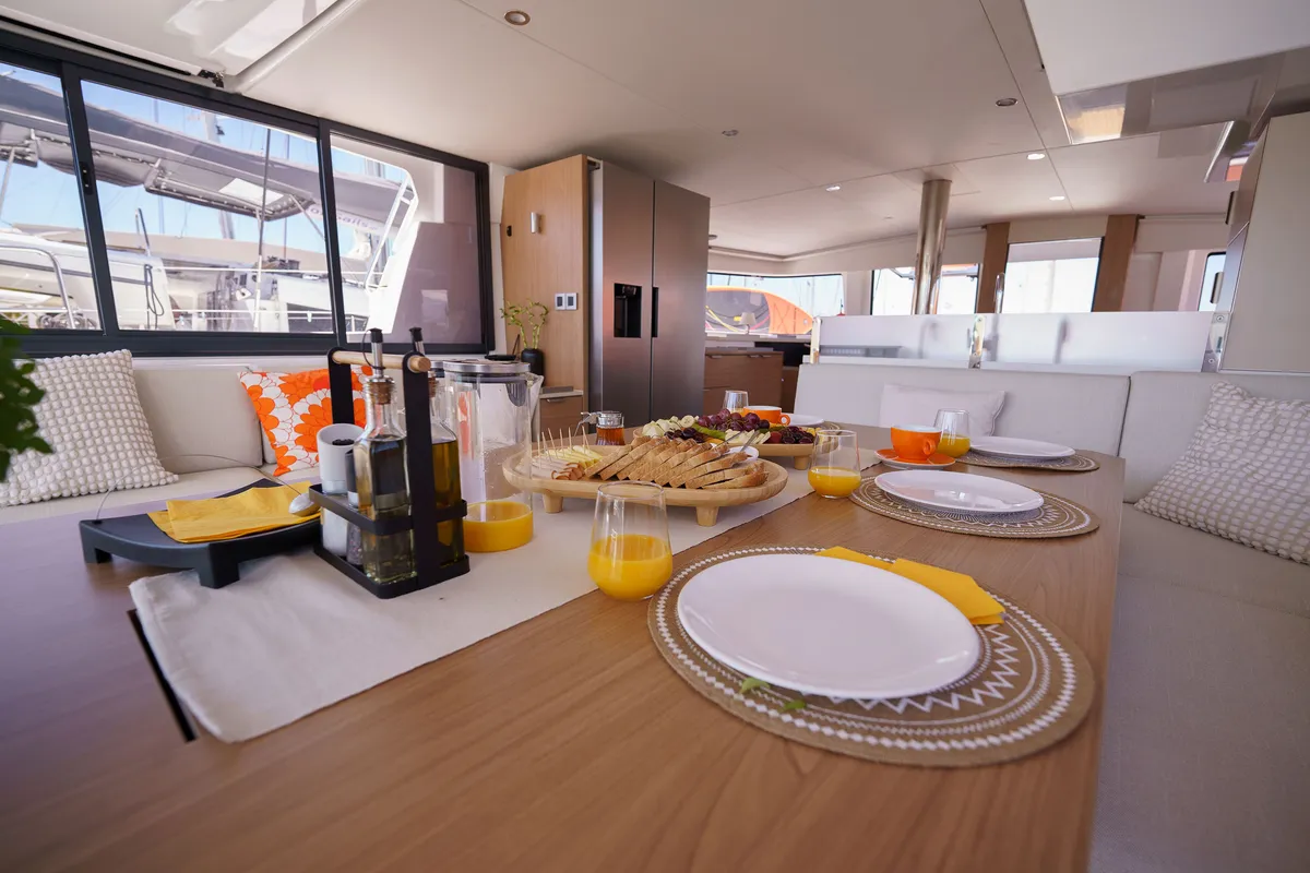 Salon of The Big Orange Boat, a Bali 4.8 catamaran at Municipal Unit of Lefkada, Greece