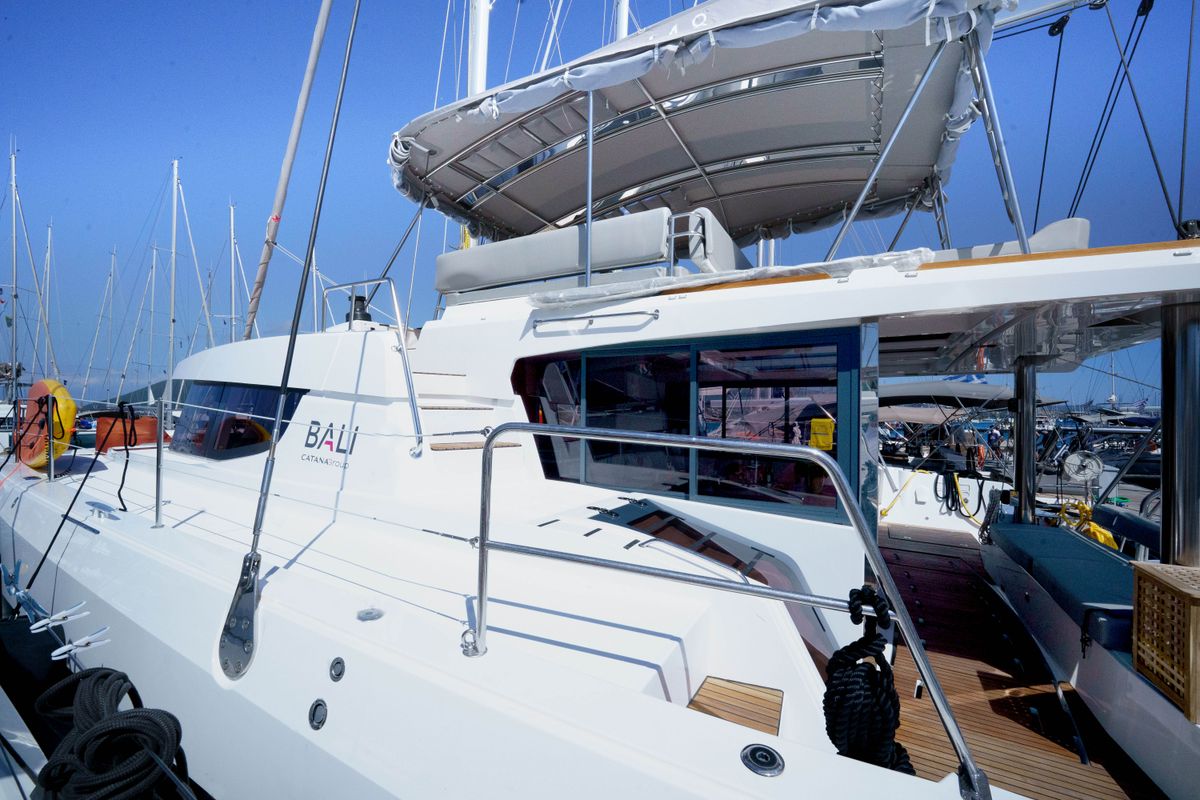 Exterior view of The Big Orange Boat, a Bali 4.8 catamaran at Municipal Unit of Lefkada, Greece