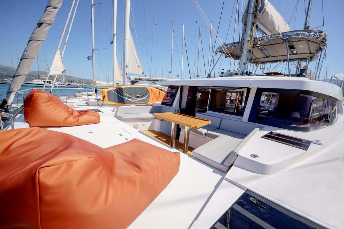 Deck of The Big Orange Boat, a Bali 4.8 catamaran at Municipal Unit of Lefkada, Greece
