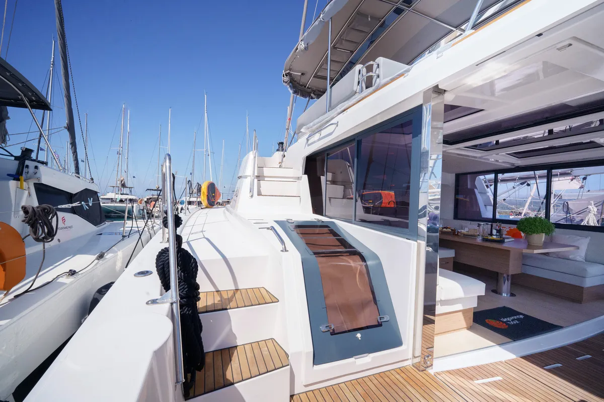 Deck of The Big Orange Boat, a Bali 4.8 catamaran at Municipal Unit of Lefkada, Greece