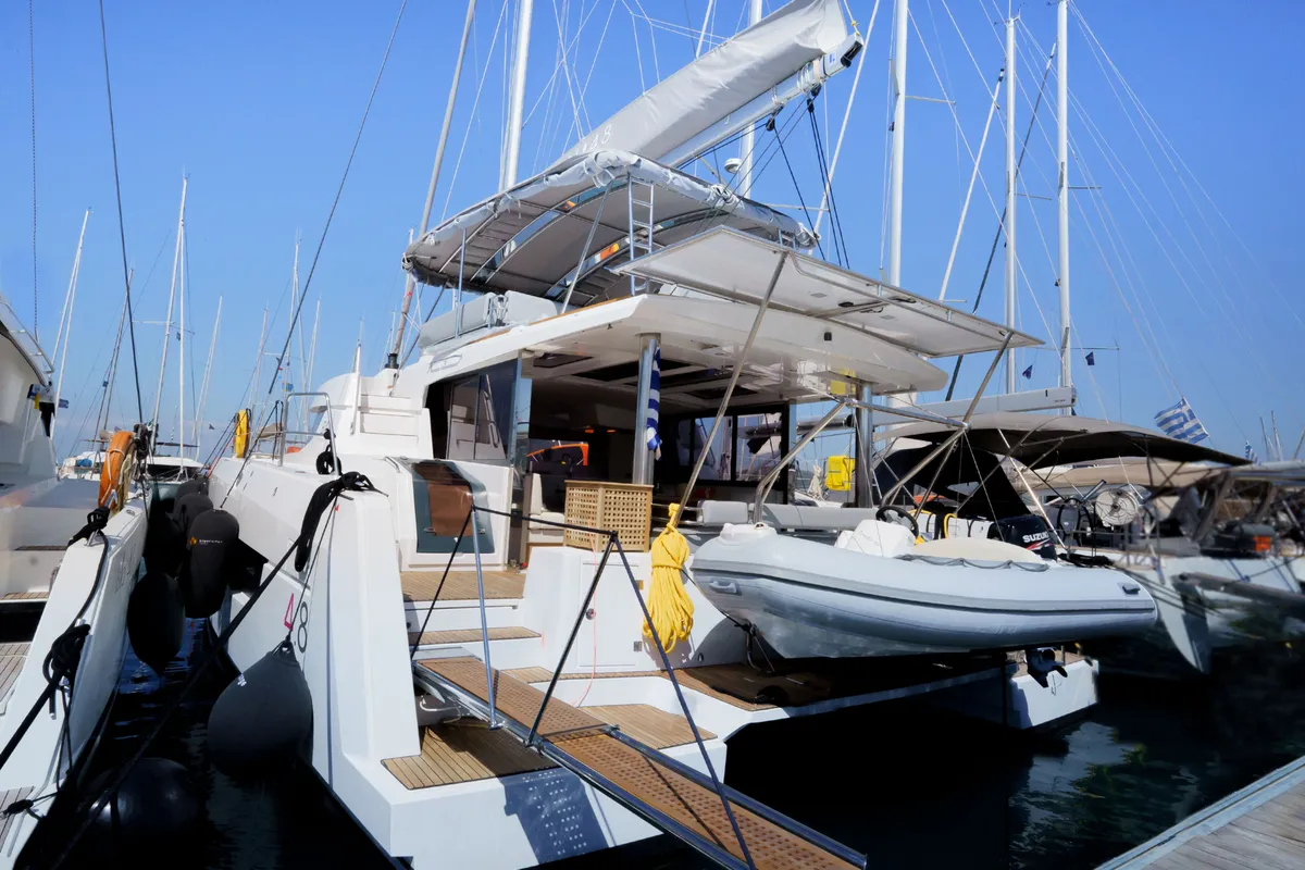 Exterior view of The Big Orange Boat, a Bali 4.8 catamaran at Municipal Unit of Lefkada, Greece