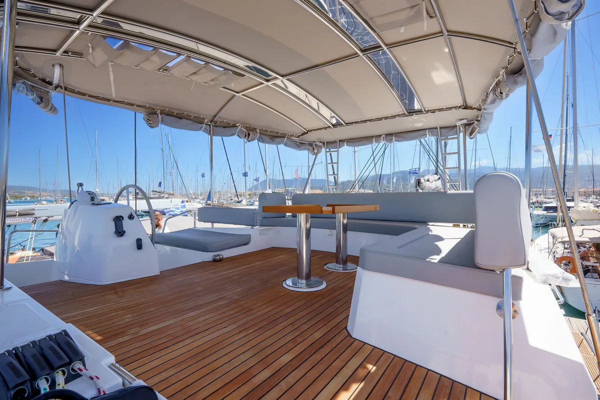 Deck of The Big Orange Boat, a Bali 4.8 catamaran at Municipal Unit of Lefkada, Greece