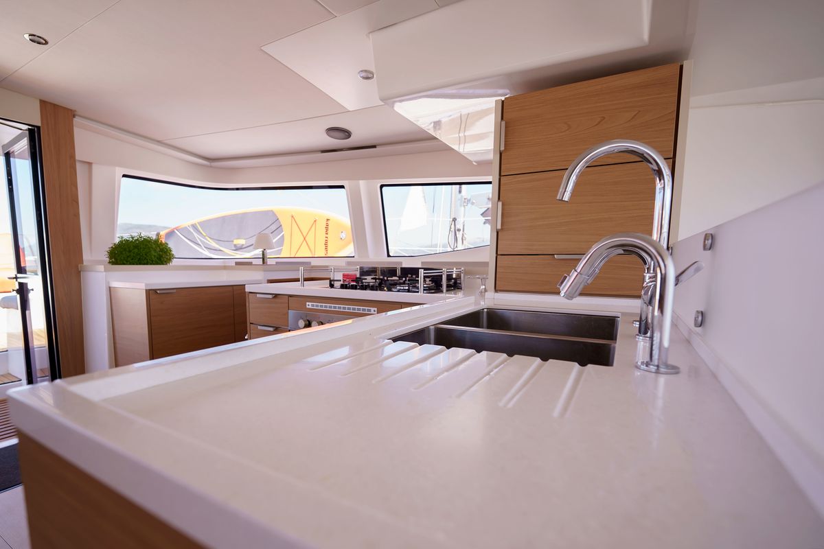 Galley of The Big Orange Boat, a Bali 4.8 catamaran at Municipal Unit of Lefkada, Greece