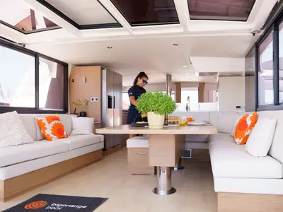 Salon of The Big Orange Boat, a Bali 4.8 catamaran at Municipal Unit of Lefkada, Greece