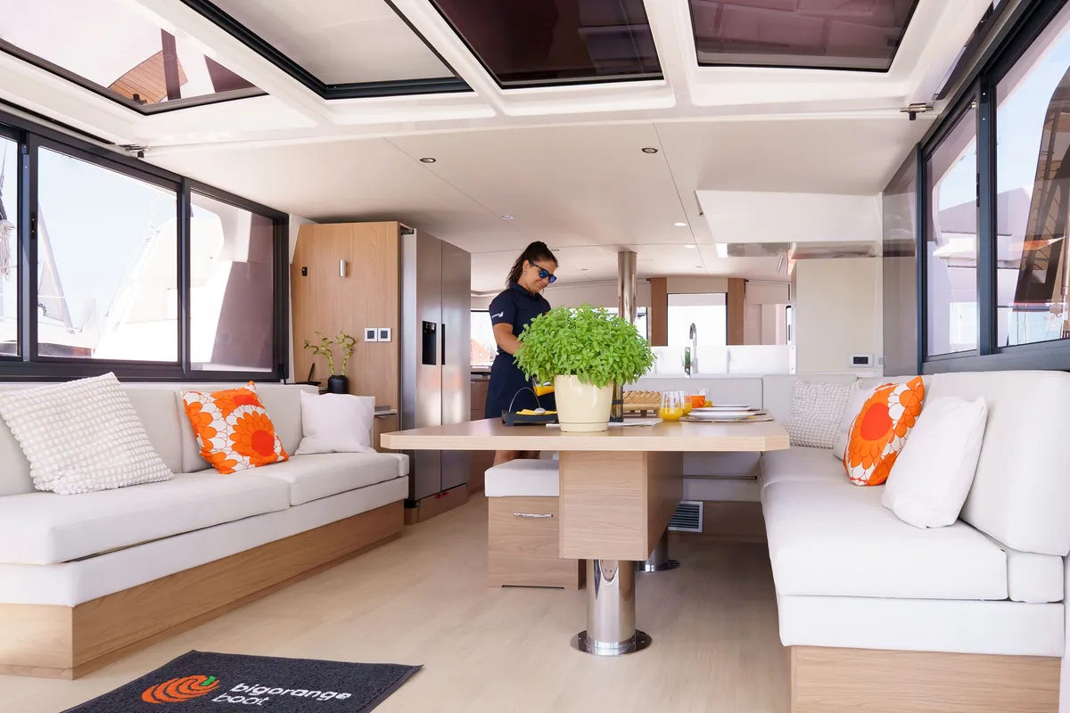 Salon of The Big Orange Boat, a Bali 4.8 catamaran at Municipal Unit of Lefkada, Greece