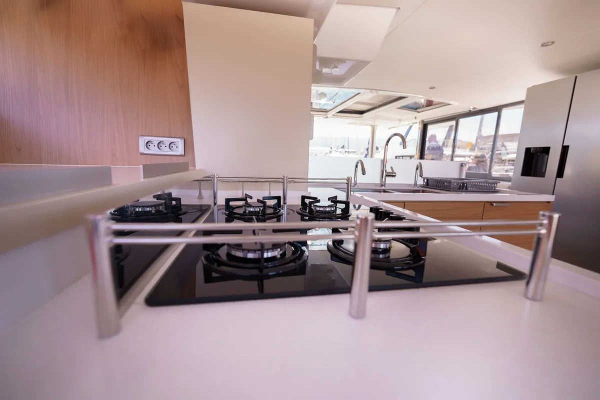 Galley of The Big Orange Boat, a Bali 4.8 catamaran at Municipal Unit of Lefkada, Greece
