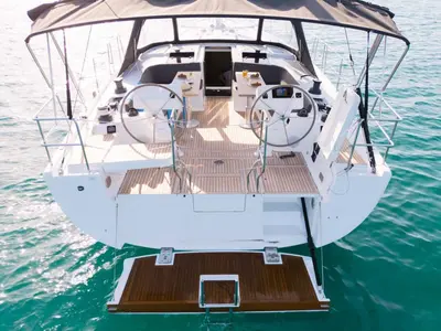 Cockpit of Frizzante, a Hanse Yachts Hanse 508 sailboat at Seget Donji, Croatia