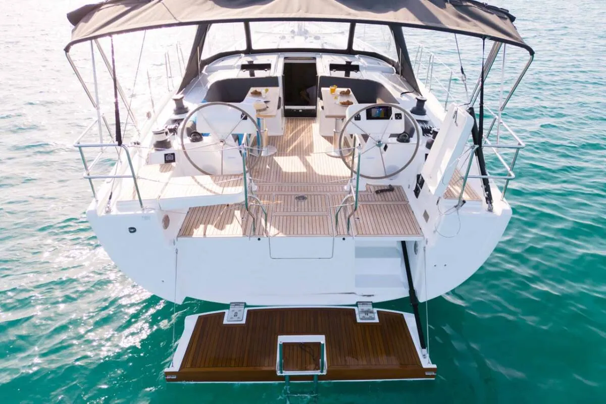 Cockpit of Frizzante, a Hanse Yachts Hanse 508 sailboat at Seget Donji, Croatia