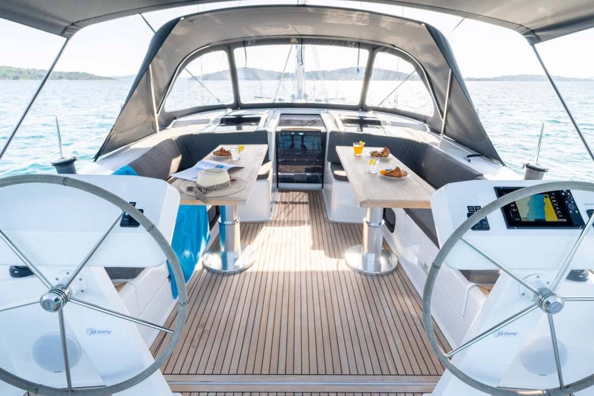 Cockpit of Frizzante, a Hanse Yachts Hanse 508 sailboat at Seget Donji, Croatia