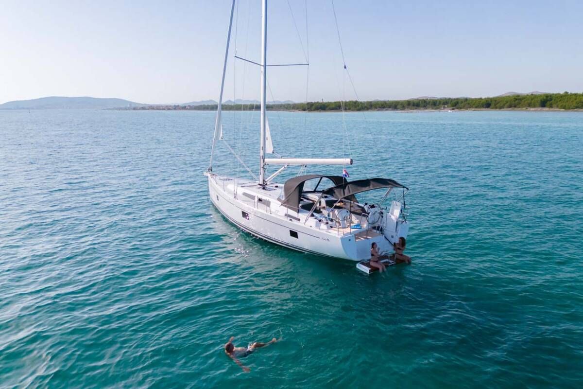 Exterior view of Frizzante, a Hanse Yachts Hanse 508 sailboat at Seget Donji, Croatia