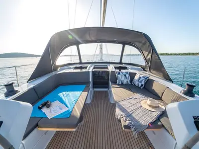 Deck of Frizzante, a Hanse Yachts Hanse 508 sailboat at Seget Donji, Croatia