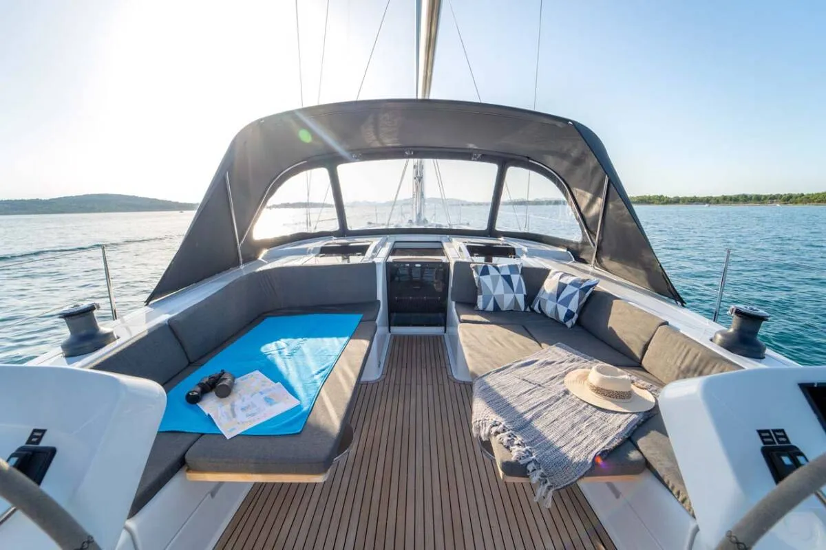 Deck of Frizzante, a Hanse Yachts Hanse 508 sailboat at Seget Donji, Croatia
